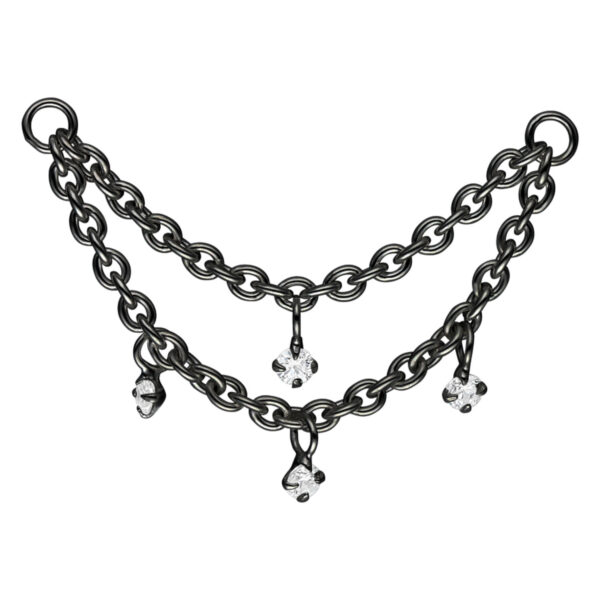 Cadena de piercing negra, de varias capas, con colgantes de cristal sobre fondo blanco