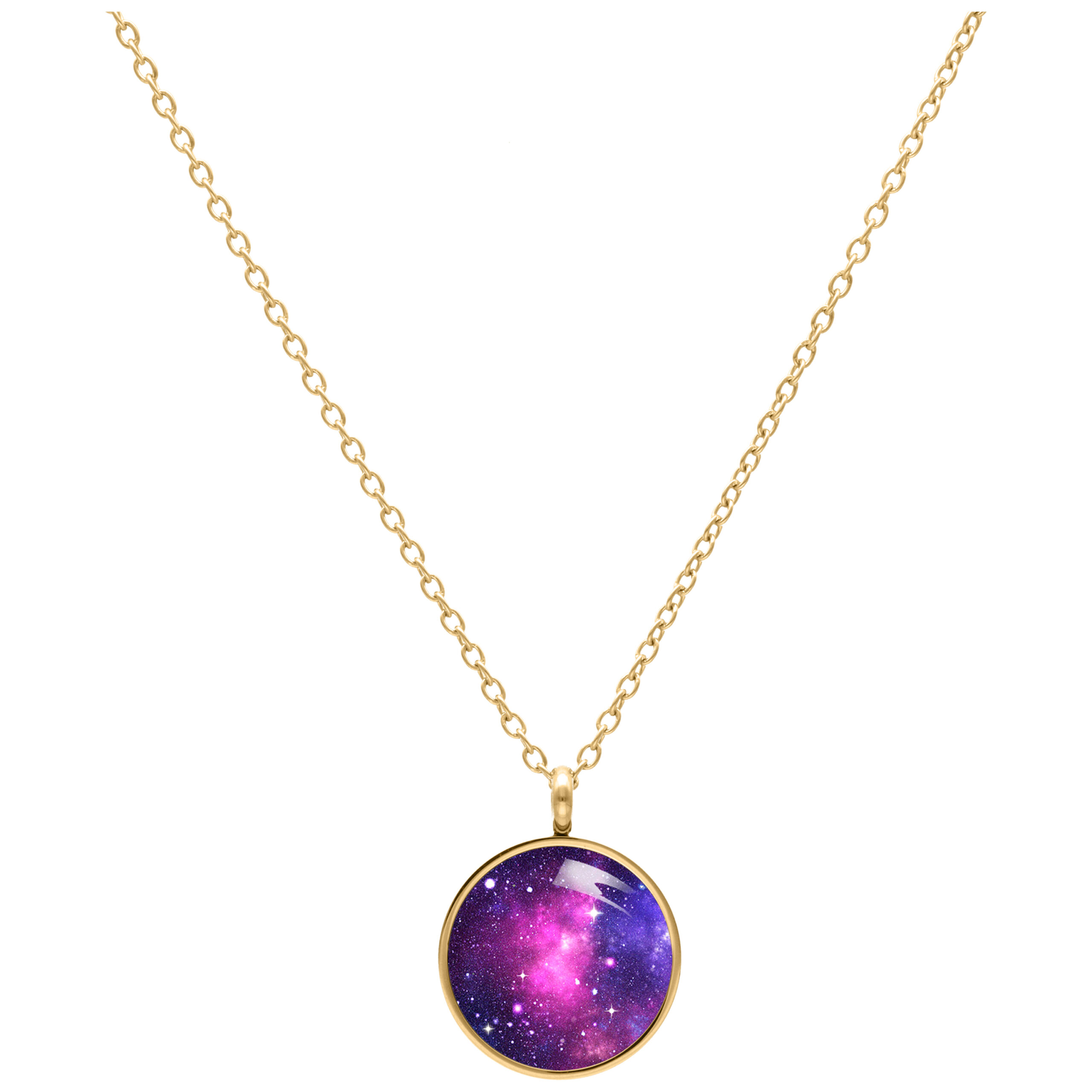Collar Dorado Pink Galaxy de Wildcat Collar dorado con colgante redondo en diseño Galaxy rosa-lila sobre fondo blanco