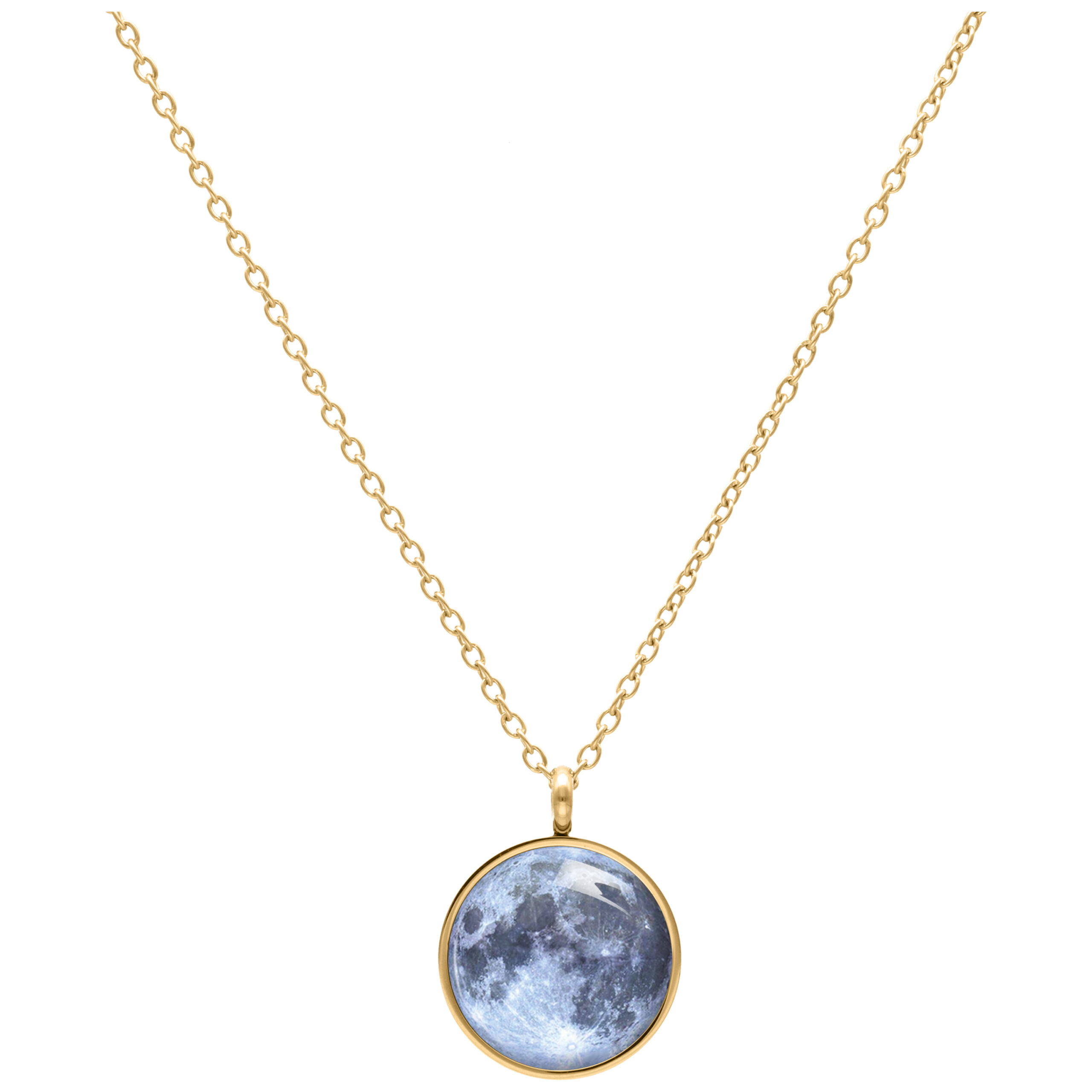 Collar Moon en oro con colgante de luna Collar dorado con colgante de luna redondo sobre fondo blanco