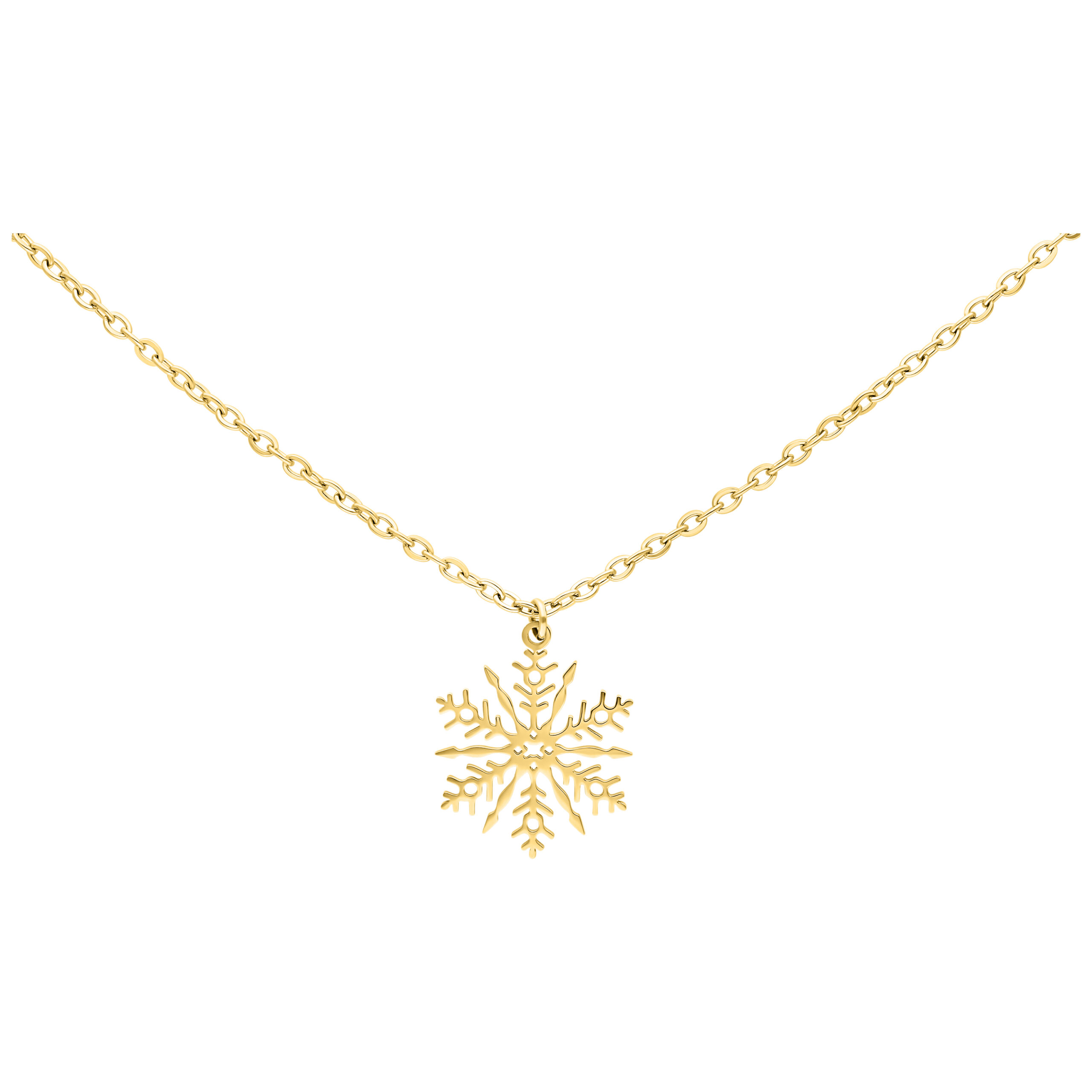 Collar dorado con colgante de copo de nieve sobre fondo blanco