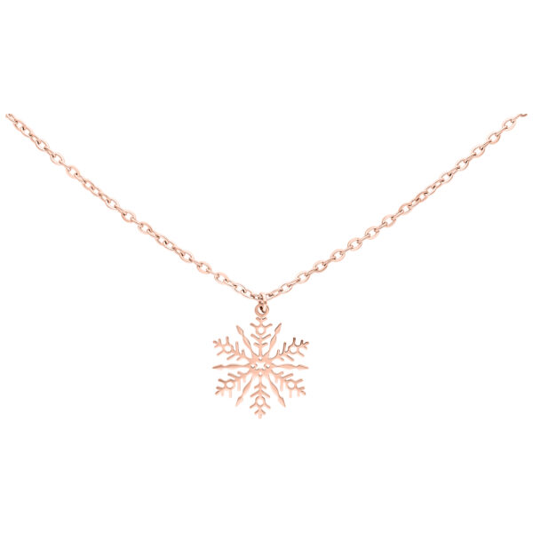 Collar en oro rosa con colgante de copo de nieve sobre fondo blanco
