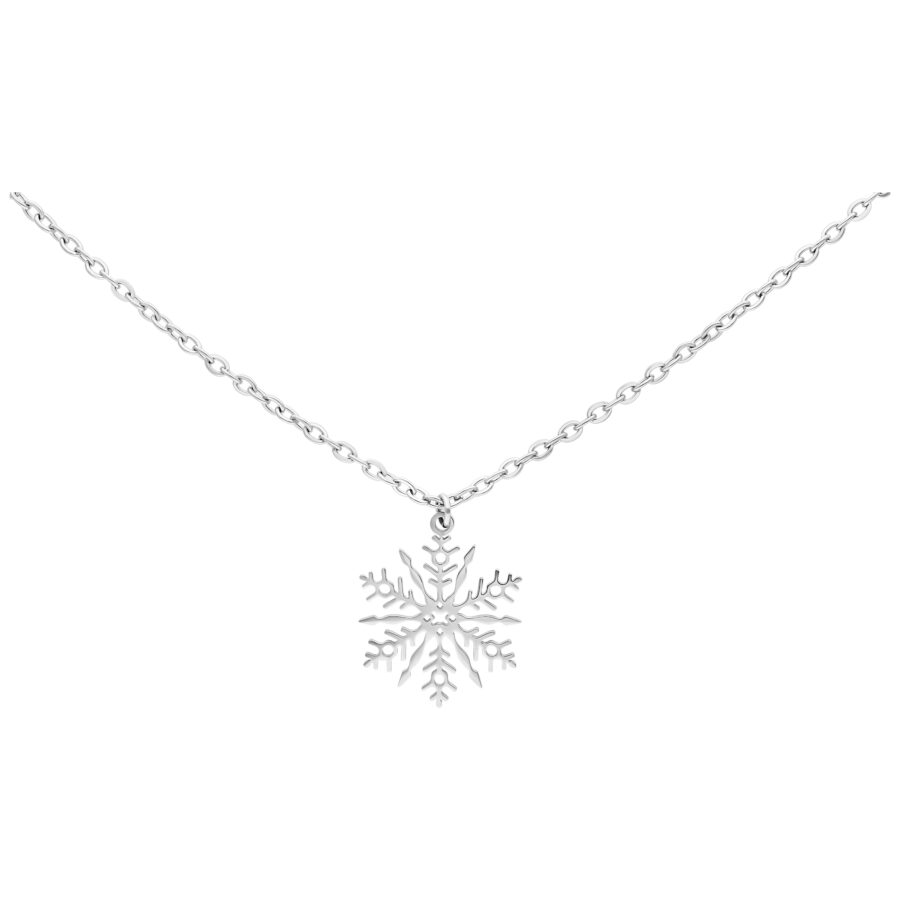 Collar de copo de nieve plateado sobre fondo blanco