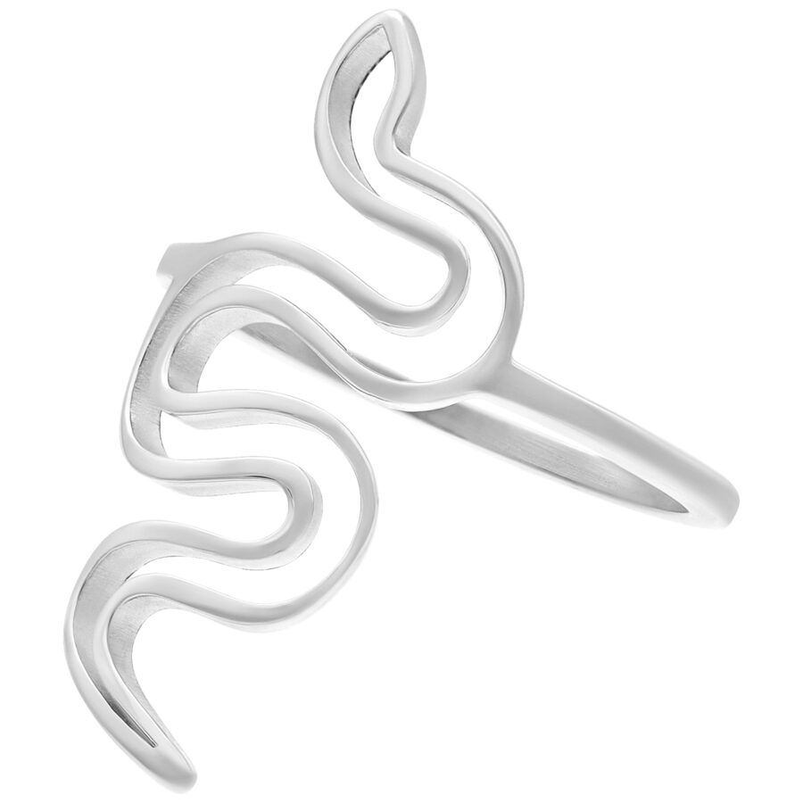 Anillo de serpiente plateado de acero quirúrgico sobre fondo blanco