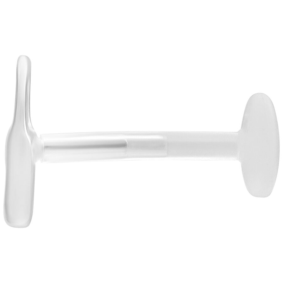Piercing Labret plateado con Push Fit y placa de 5,0 mm sobre fondo blanco