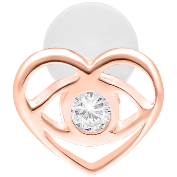 Labret de oro rosa con diseño de corazón y piedra clara sobre fondo blanco