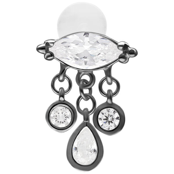 Bella Push Fit Labret negro con placa de 5,0 mm y 3 colgantes sobre fondo blanco