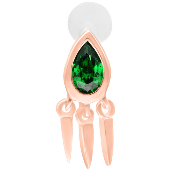 Labret Push Fit de esmeralda verde, oro rosa, 5 mm sobre fondo blanco