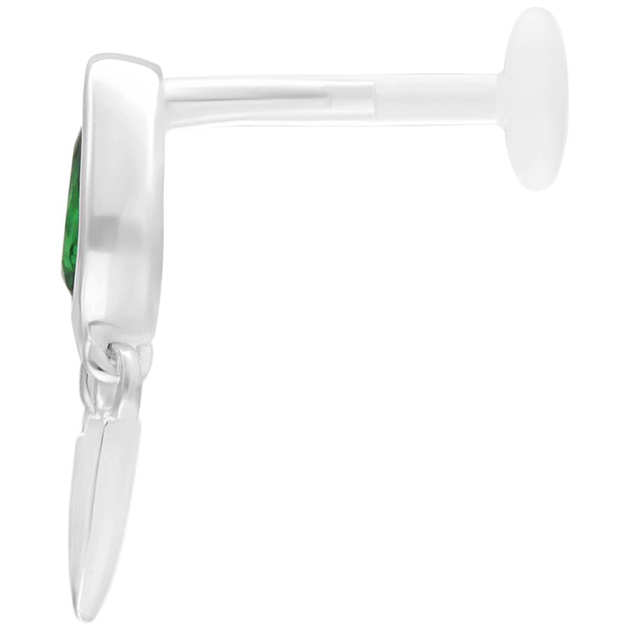 Labret Push Fit de plata con esmeralda verde, 5mm de largo, vista lateral