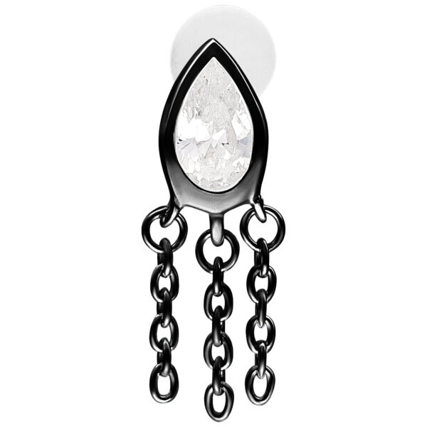 Labret negro con piedra en forma de gota y cadenas sobre fondo blanco
