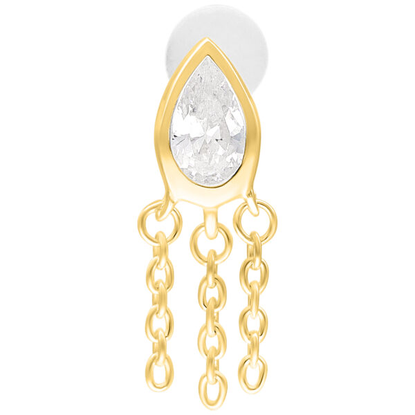 Labret dorado con piedra en forma de gota y tres cadenas sobre fondo blanco