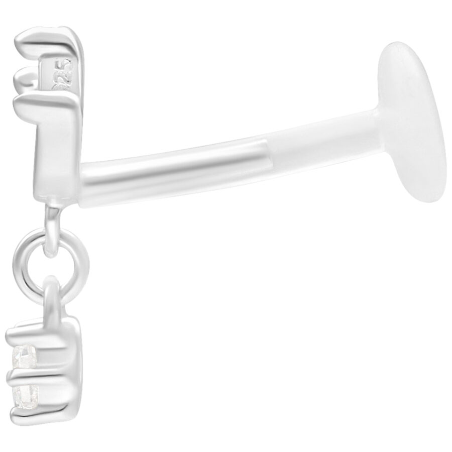 Labret plateado con Push Fit, 5 mm de largo, sobre fondo blanco