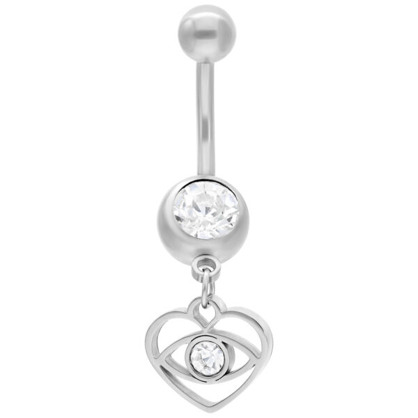 Banana de plata con cristal y colgante de corazón sobre fondo blanco