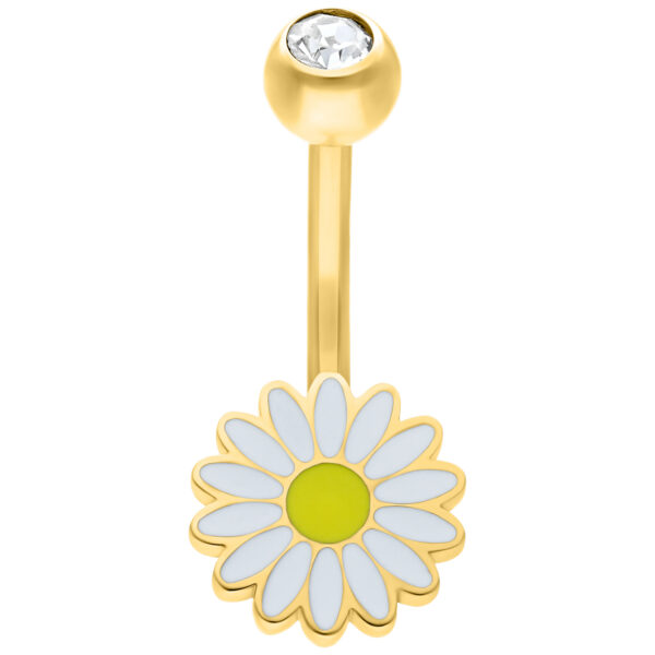 Bananabell dorado con diseño de margarita y cristal, sobre fondo blanco