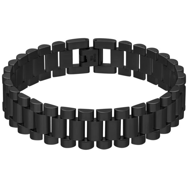 Pulsera unisex negra de acero quirúrgico 316L sobre fondo blanco