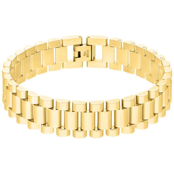 Elegante pulsera de reloj dorada de acero quirúrgico sobre fondo blanco