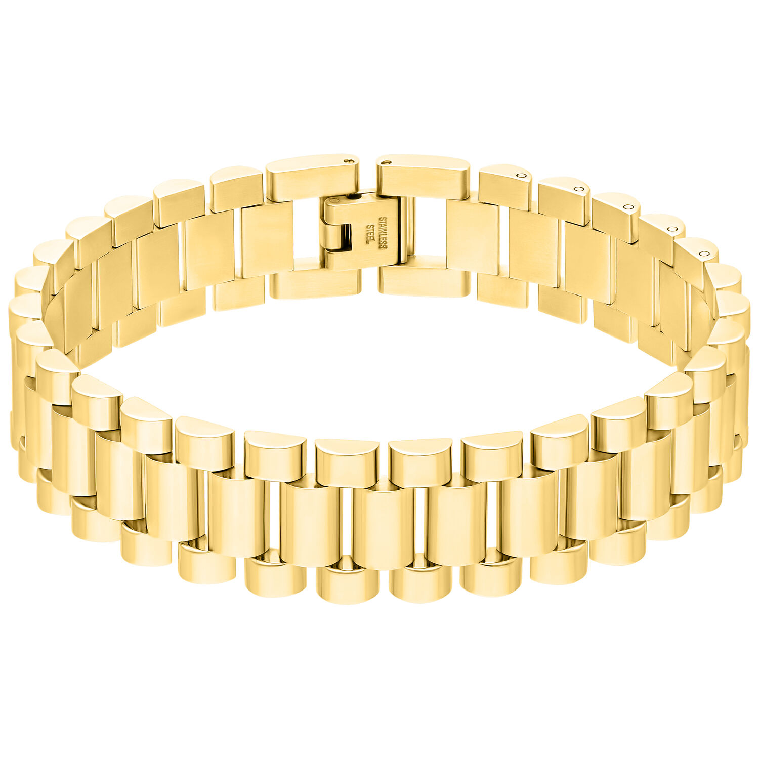 Elegante pulsera de reloj dorada de acero quirúrgico sobre fondo blanco