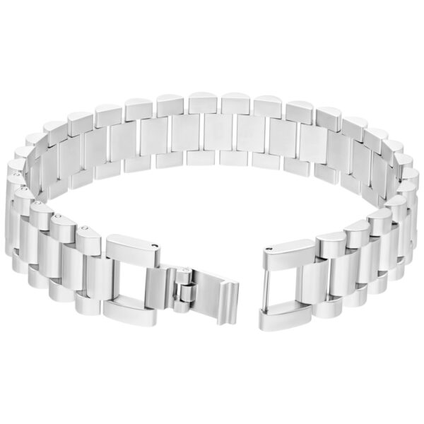 Pulsera plateada de acero quirúrgico con diseño de eslabones sobre fondo blanco