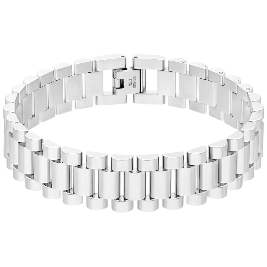 Pulsera unisex de acero quirúrgico plateado sobre fondo blanco