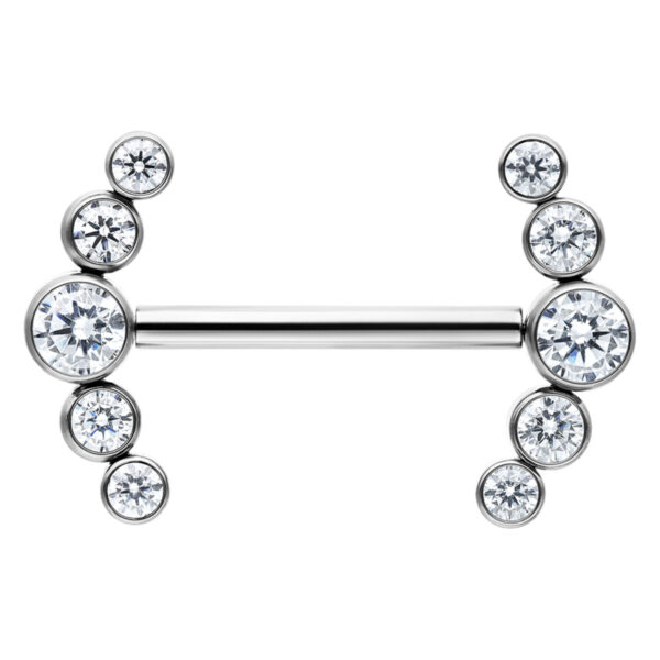 Barbell plateado con cristales claros, dispuestos simétricamente