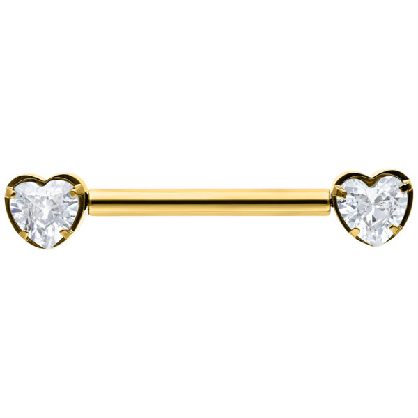 Barbell dorado con dos extremos en forma de corazón, cristalinos, sobre fondo blanco