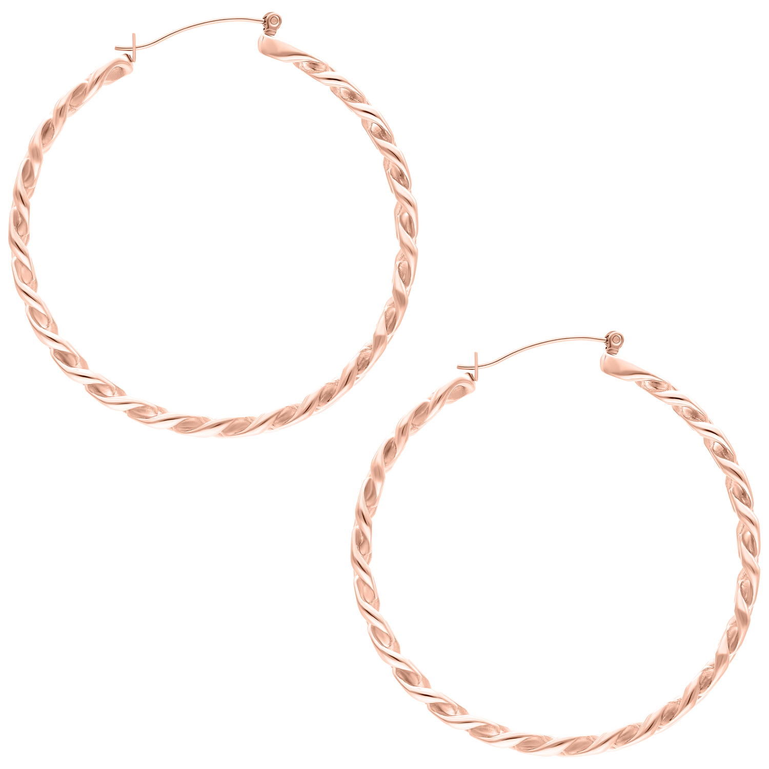Roségoldene Curbchain Hoops Ohrringe Zwei glänzende Roségold Curbchain Ohrringe auf weißem Hintergrund