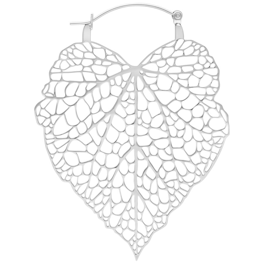 Aros de plata en forma de hoja sobre fondo blanco