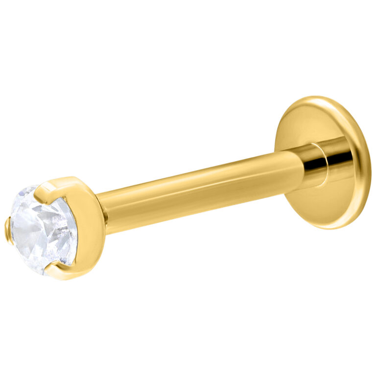 Labret Push-Fit dorado con cristal claro sobre fondo blanco