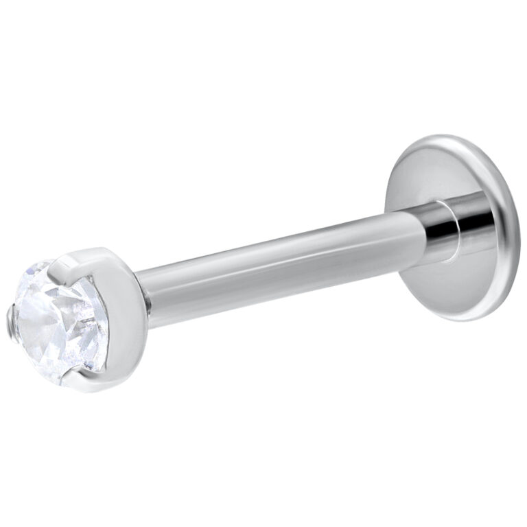 Labret de empuje de oro blanco con piedra cristalina, longitud 6 mm, tamaño de bola 2 mm, sobre fondo blanco