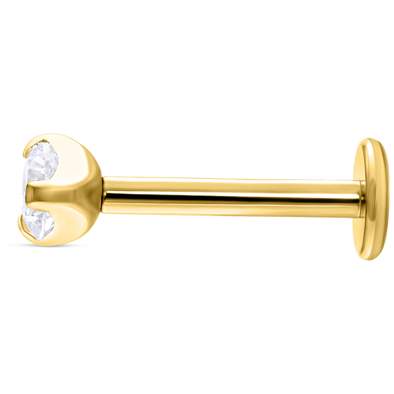 Goldenes Labret mit Kristall, 6mm Länge Goldenes Push-Fit Labret mit klarem Kristall, 6mm lang auf weißem Hintergrund