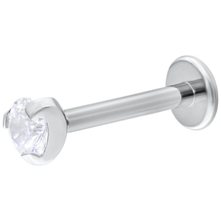 Labret de empuje con cristal único de oro blanco, 6 mm de largo, cristal de 3 mm, sobre fondo blanco