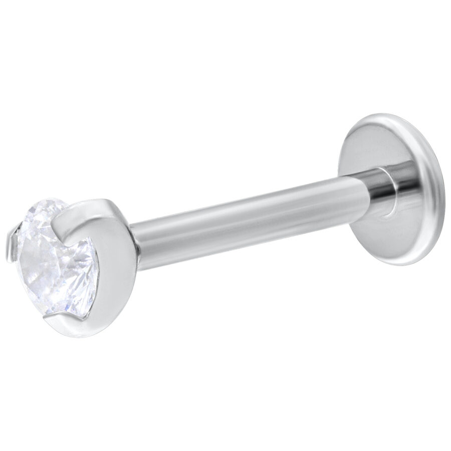 Labret de empuje con cristal único de oro blanco, 6 mm de largo, cristal de 3 mm, sobre fondo blanco