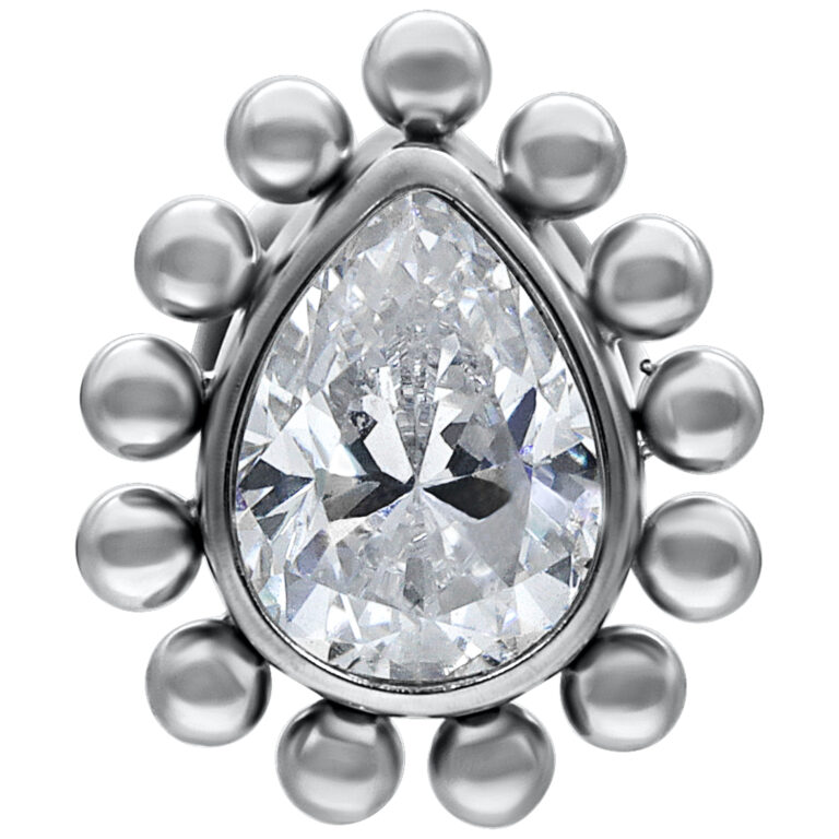 Labret de empuje de oro blanco con gota cristalina sobre fondo blanco