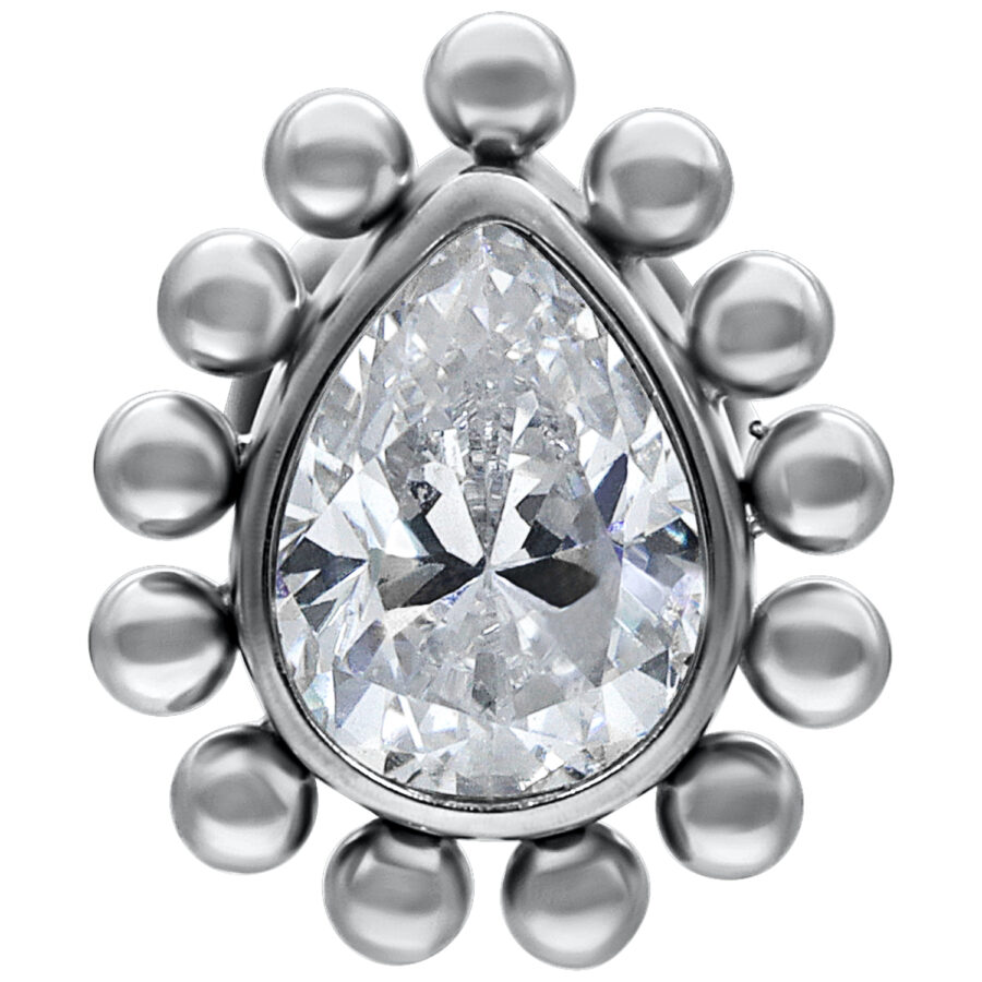 Labret de empuje de oro blanco con gota cristalina sobre fondo blanco