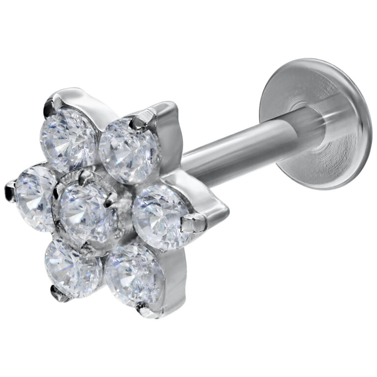Crystal Flower Labret con cristales claros, 12 mm de longitud, color oro blanco