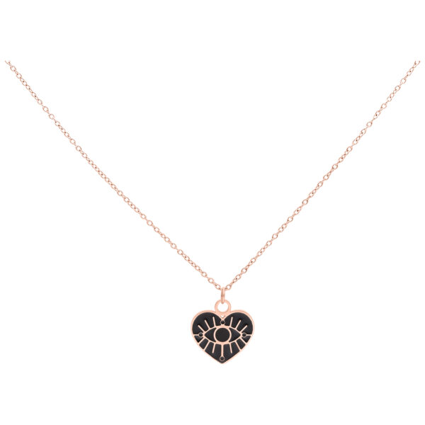 Cadena de oro rosa con colgante de corazón y motivo de ojo sobre fondo blanco