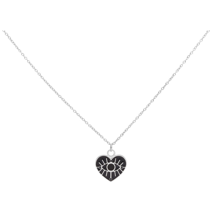 Collar de plata con colgante de corazón y ojo negro sobre fondo blanco