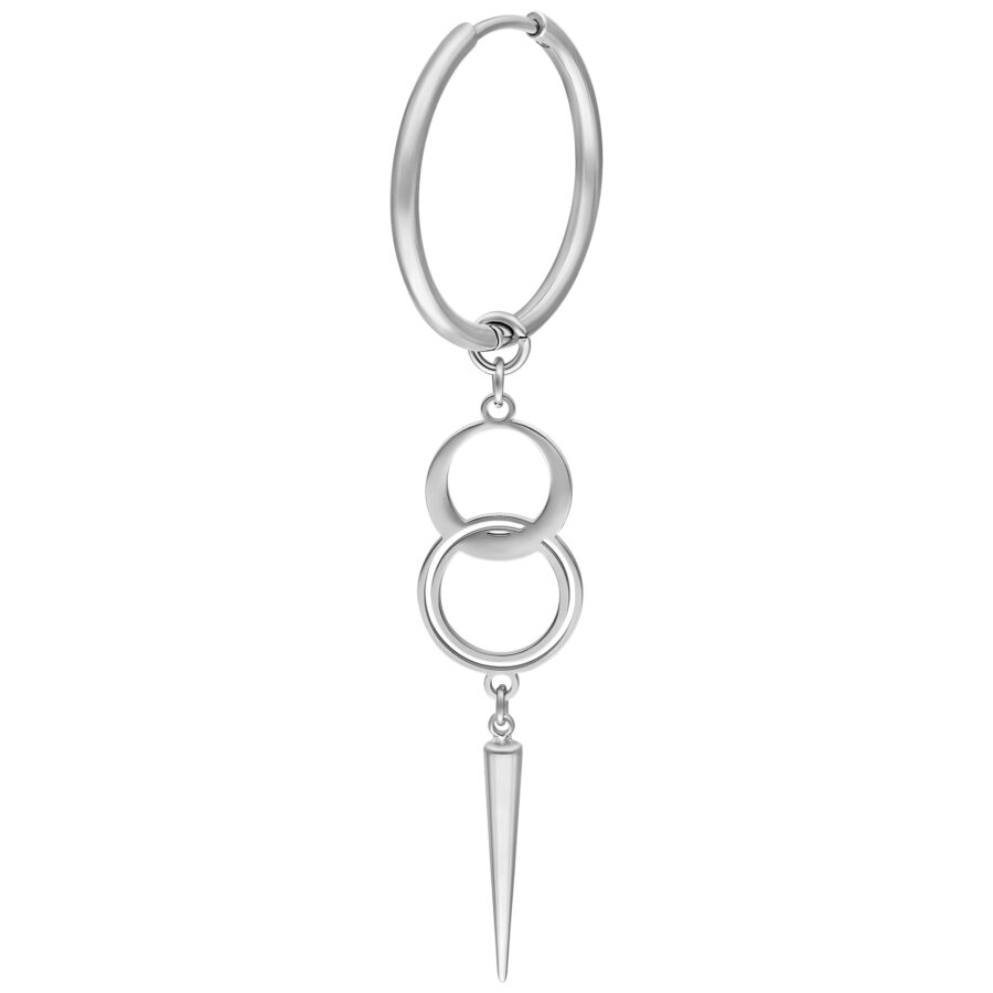 Pendientes de plata con dos aros y colgante puntiagudo sobre fondo blanco
