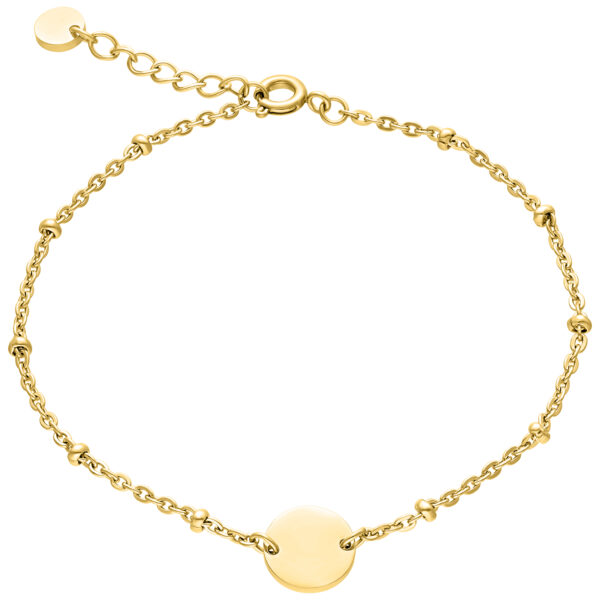 Pulsera dorada de acero quirúrgico con placa grabada sobre fondo blanco