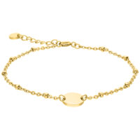 Pulsera dorada de acero quirúrgico 316L con perlas y placa de grabado sobre fondo blanco