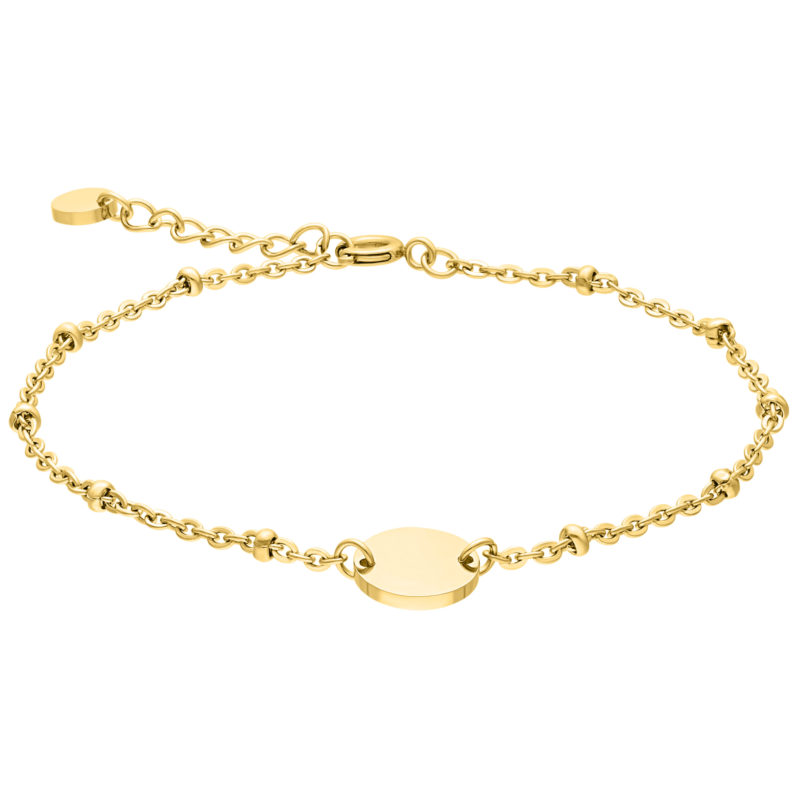 Pulsera dorada de acero quirúrgico 316L con perlas y placa de grabado sobre fondo blanco