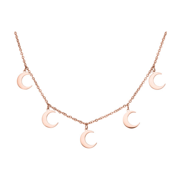 Collar con cinco pequeños colgantes de luna en oro rosa sobre fondo blanco