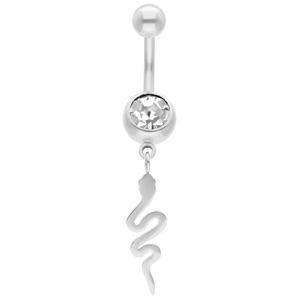 Piercing de ombligo de plata con cristal y colgante de serpiente sobre fondo blanco