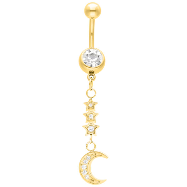 Bananabell dorado con cristal claro y colgante de luna sobre fondo blanco