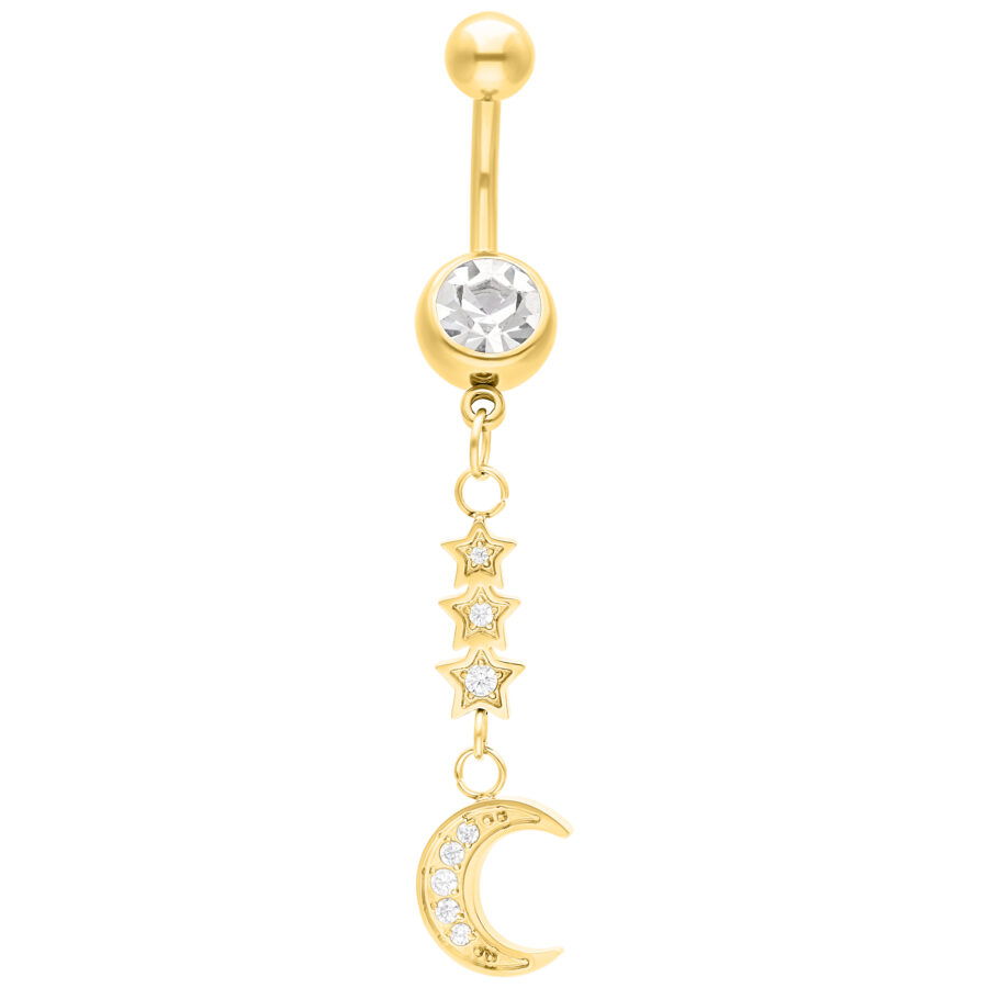 Bananabell dorado con cristal claro y colgante de luna sobre fondo blanco