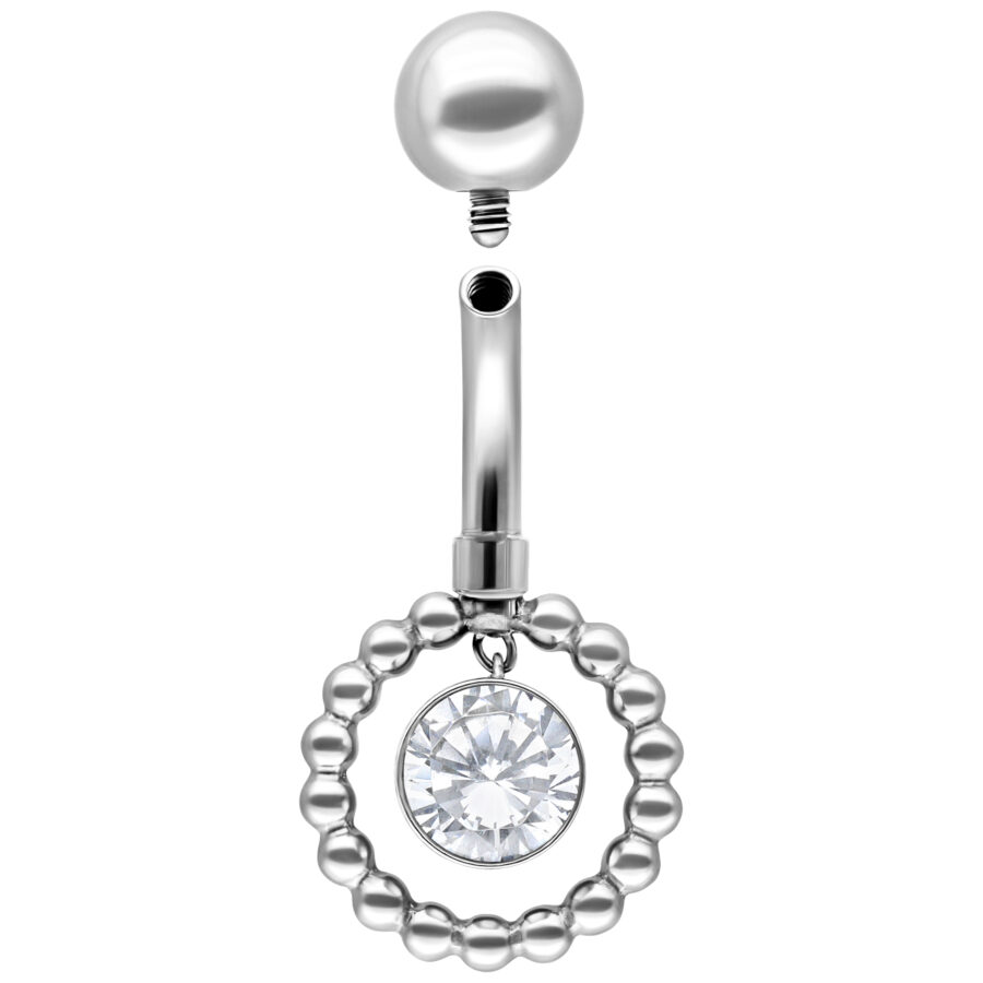 Piercing de ombligo plateado con piedra de cristal claro y bola