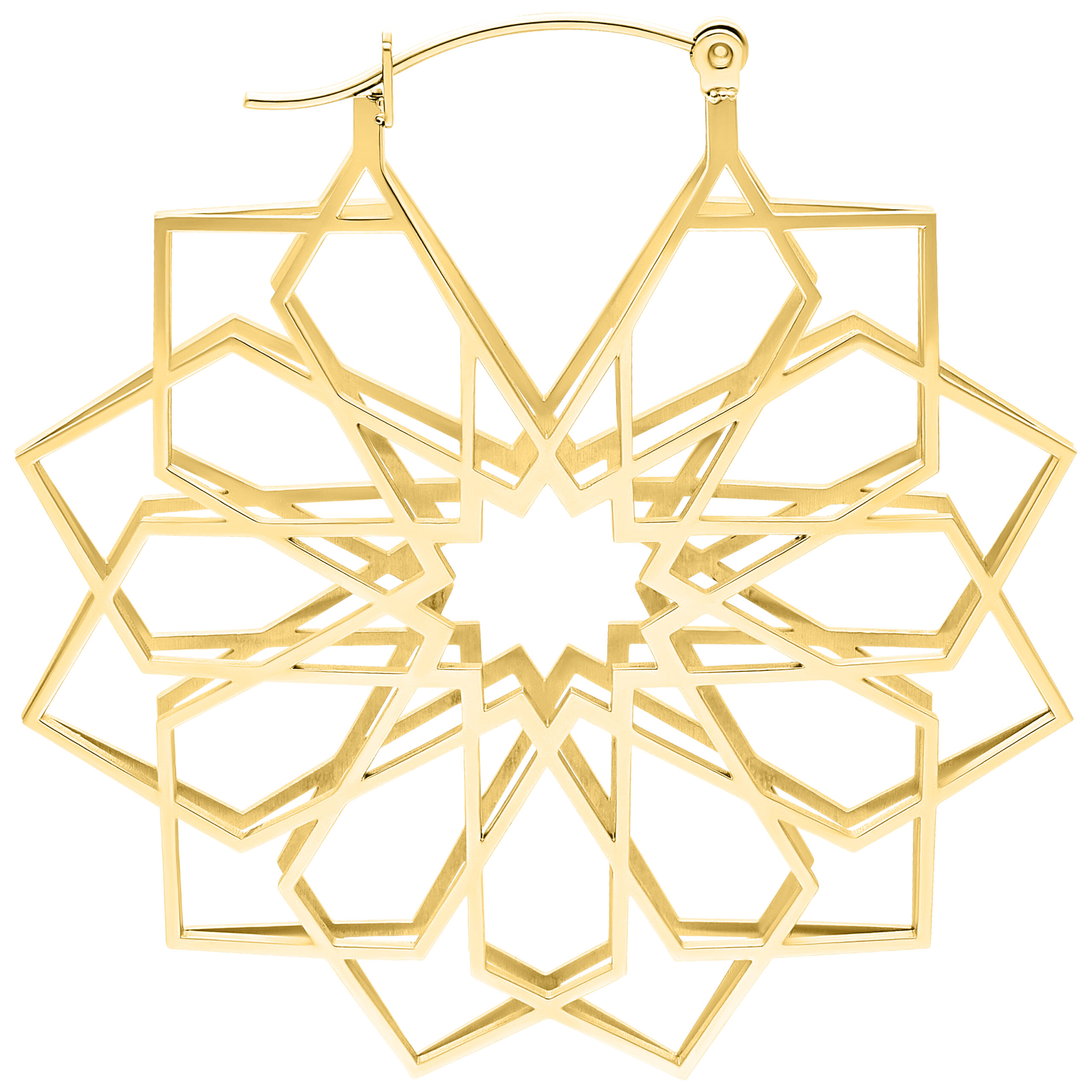 Kaleidoscope Hoops en oro brillante Kaleidoscope Hoops dorados con diseño geométrico sobre fondo blanco