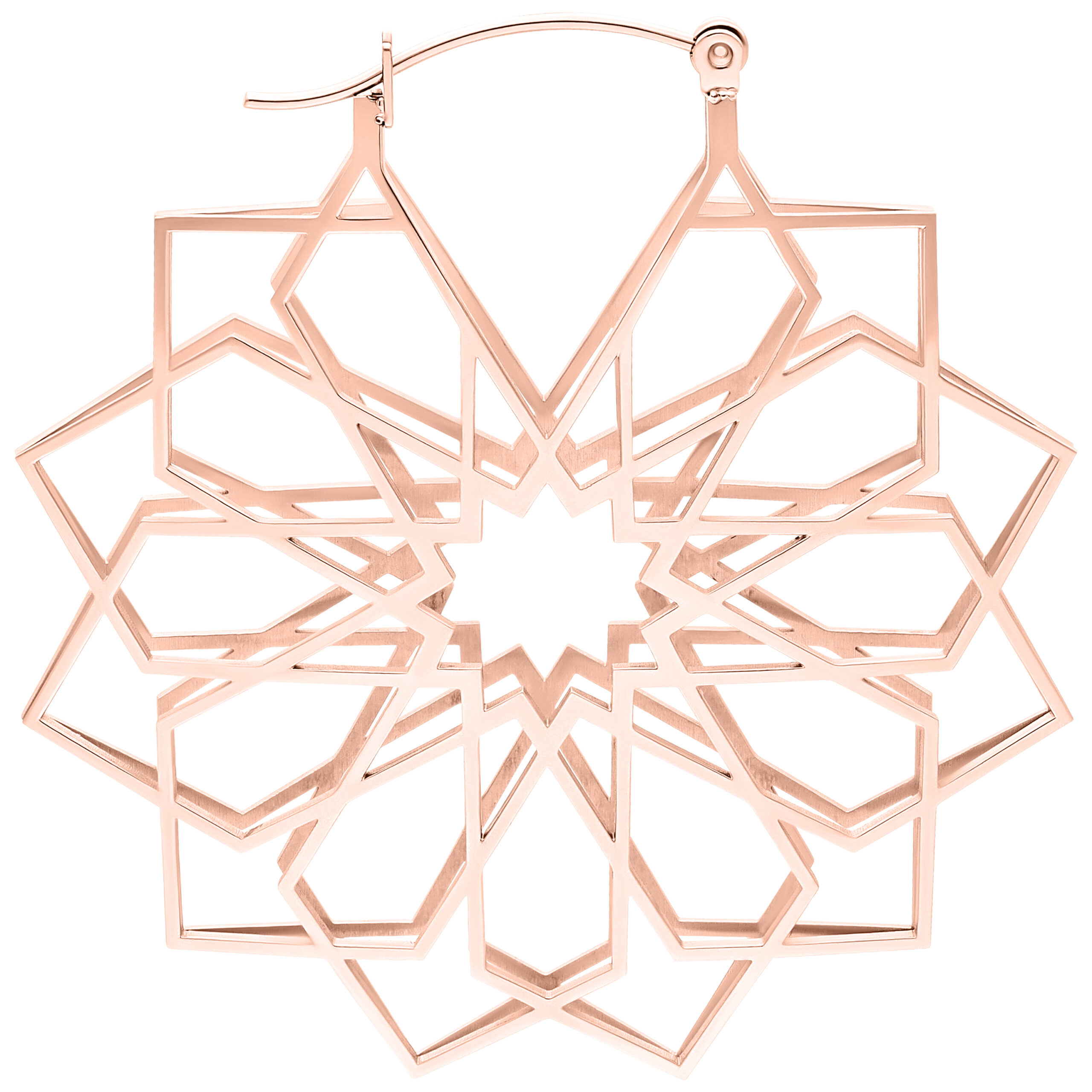 Roségoldene Kaleidoscope Hoops Ohrringe Roségoldene Ohrringe im Kaleidoskop-Design auf weißem Hintergrund