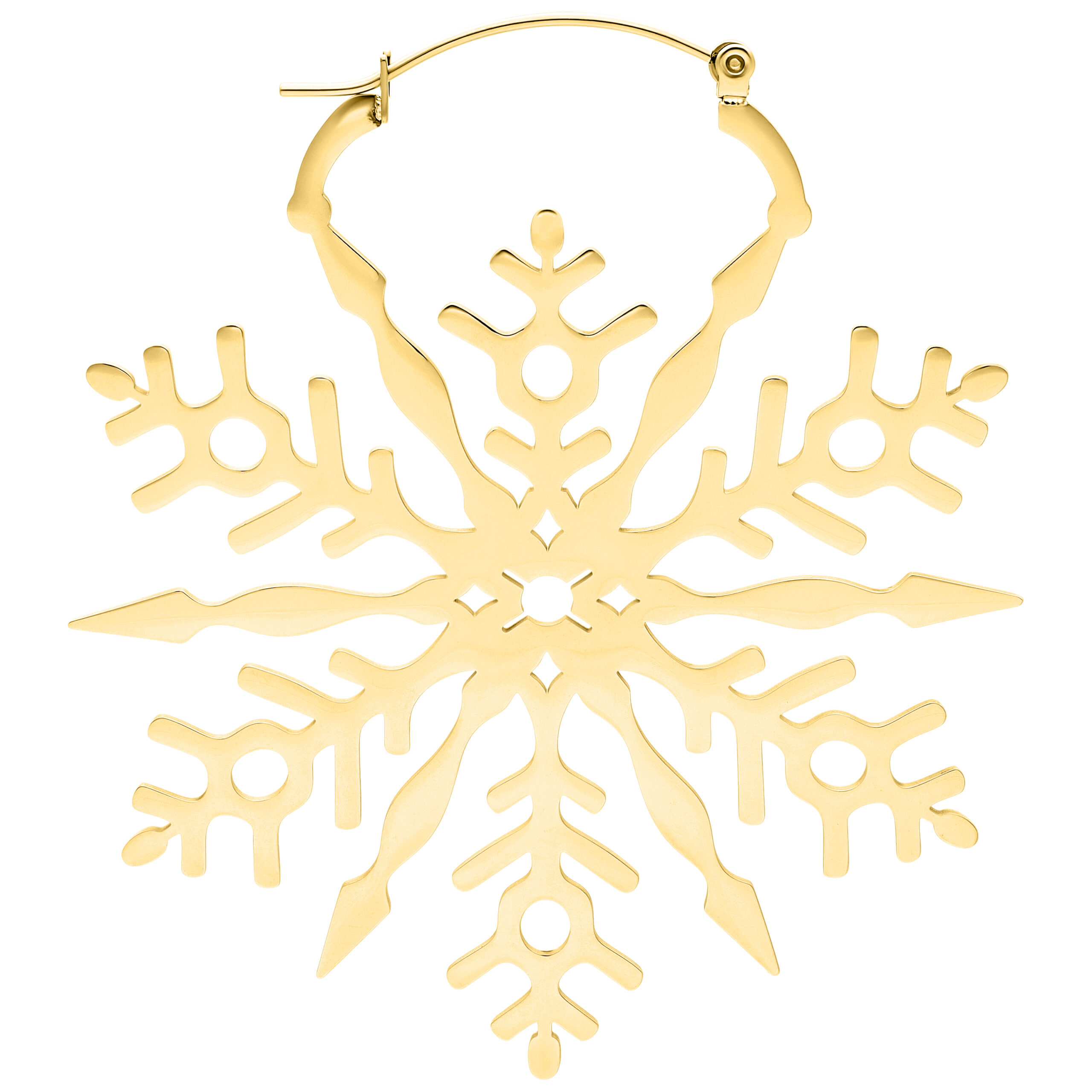 Pendientes dorados en forma de copo de nieve sobre fondo blanco