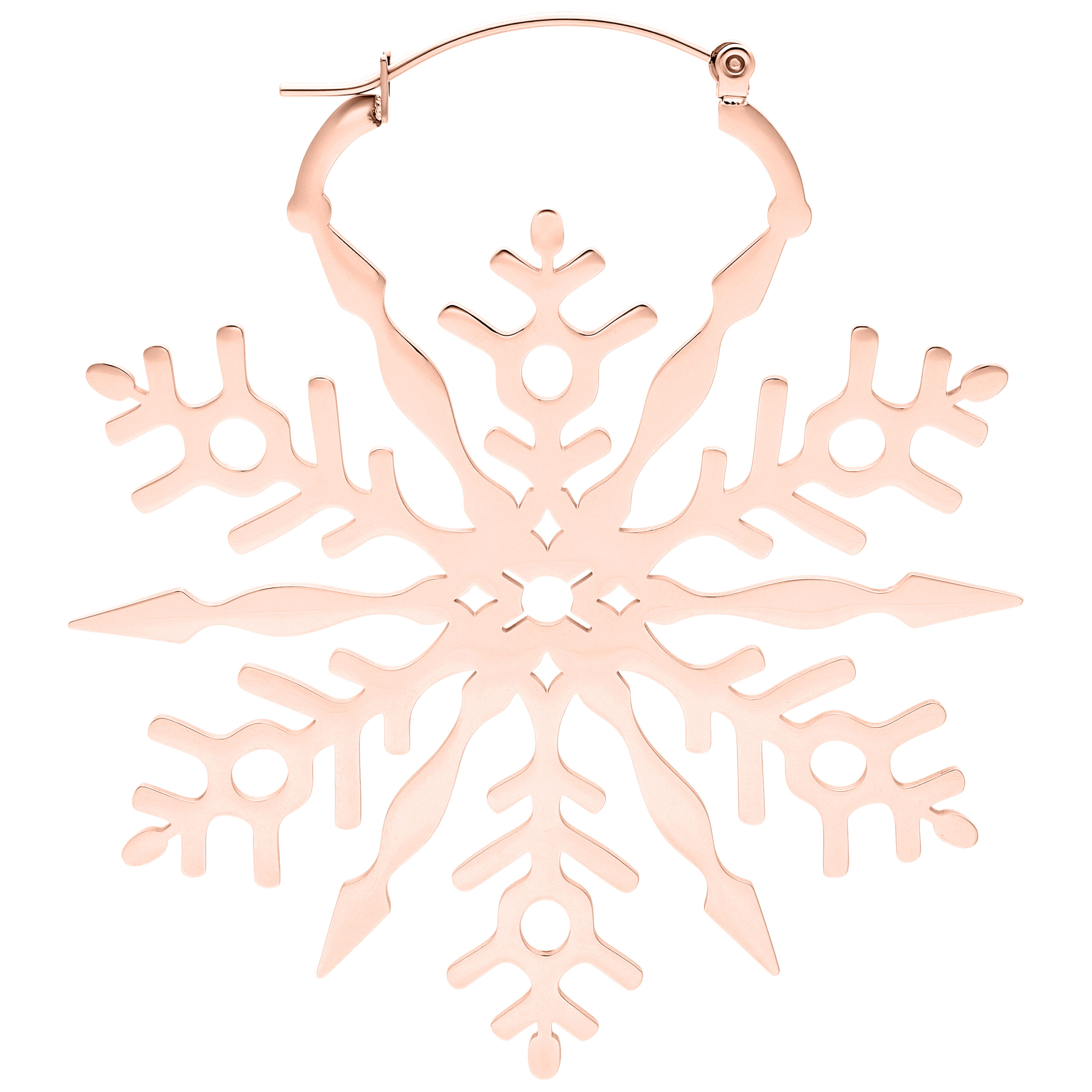 Roségold Snowflake Hoops - Edelstahl Roségoldene Schneeflocken-Ohrringe aus Edelstahl auf weißem Hintergrund