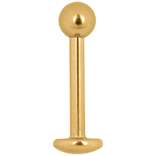 Piercing Labret Stud dorado de titanio con rosca externa sobre fondo blanco